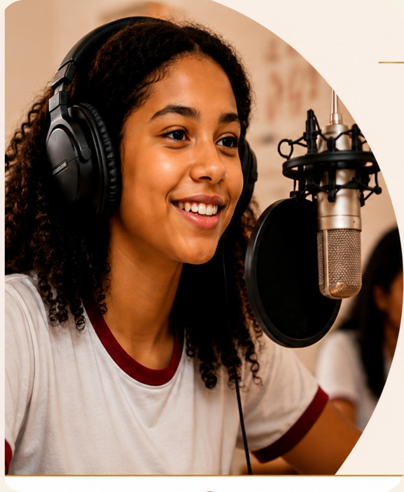 Estudante diante de um microfone em uma atividade de rádio