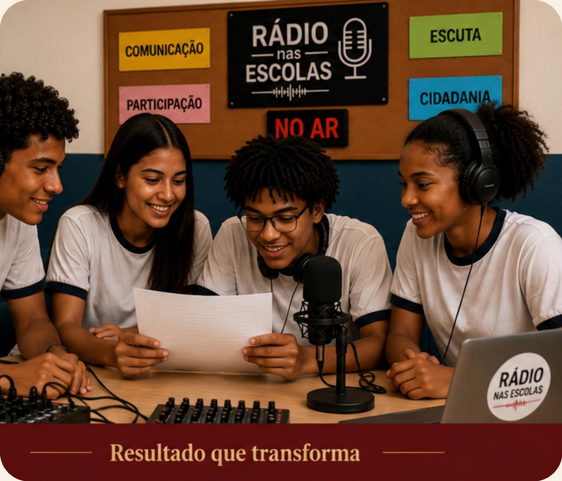 Estudantes produzindo conteúdo em um núcleo de rádio escolar